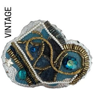 VINTAGE BROOCH 90s Denim Beading Jewels Hand-Crafted Pin Signed